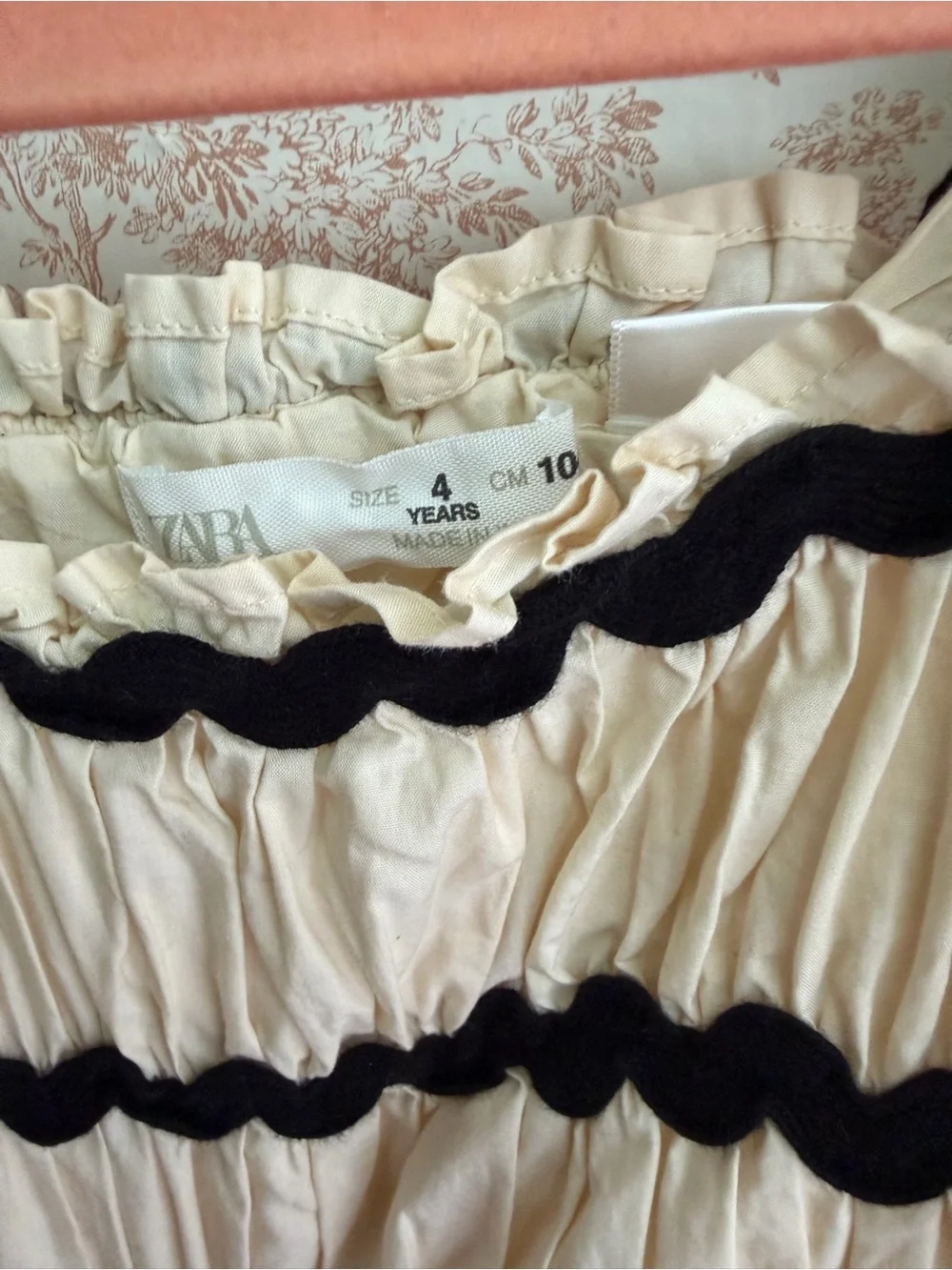 Zara Kids Cream Two-Piece Ruffled Top and Wide Leg Pants with Black Trim